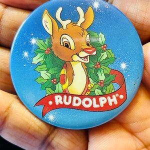 Vintage Rudolph The Red Nose Reindeer Button Pin with Blue Background 1988